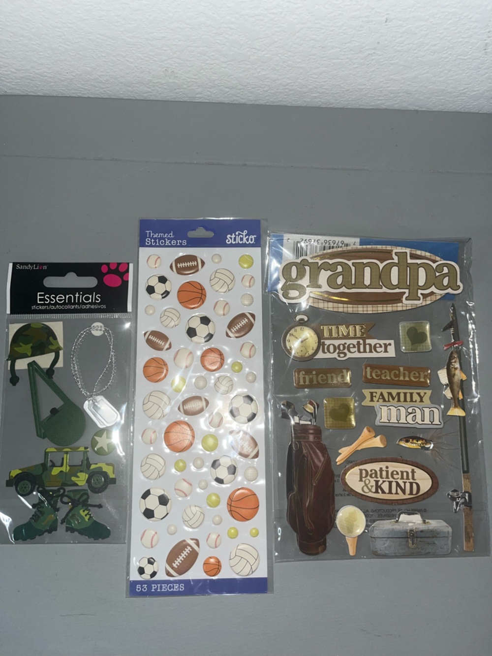 3pc Lot Crafting Supplies Stationary Scrapbook Stickers Grandpa,Sports,Military
